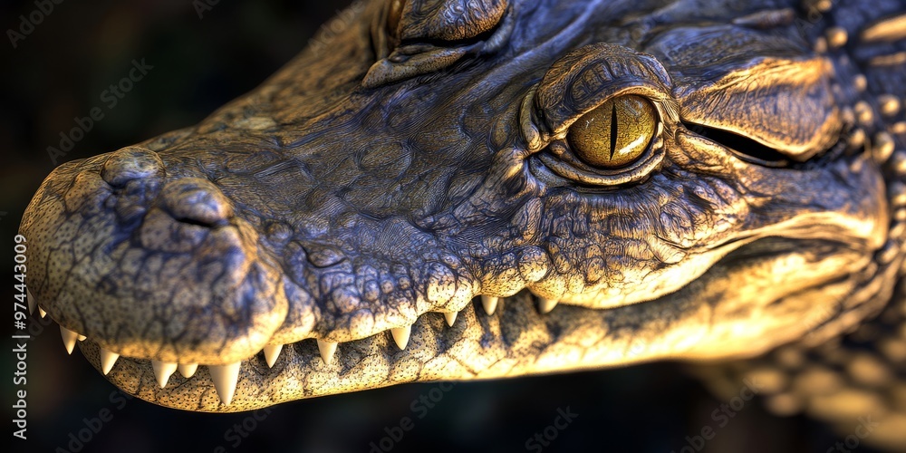 Close-up macro shot of a crocodile’s face with intricate skin details and yellow eyes Close-up macro shot of a crocodile’s face with intricate skin details and yellow eyes