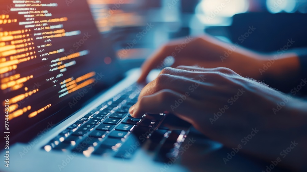 Closeup of hands typing on a keyboard with digital technology, software development concept. Coding programmer, software engineer working on laptop, Generative Ai Closeup of hands typing on a keyboard with digital technology, software development concept. Coding programmer, software engineer working on laptop, Generative Ai