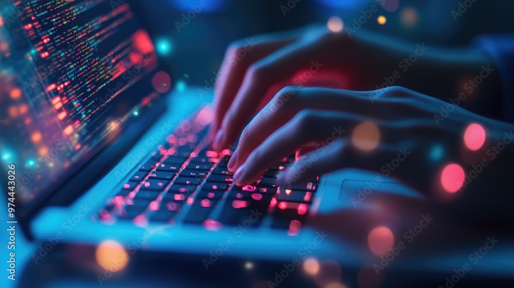 Closeup of hands typing on a keyboard with digital technology, software development concept. Coding programmer, software engineer working on laptop, Generative Ai Closeup of hands typing on a keyboard with digital technology, software development concept. Coding programmer, software engineer working on laptop, Generative Ai