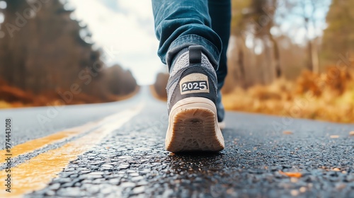 Close-up of a person walking on an empty road with '2025' on their shoe, symbolizing progress, journey, and future goals.