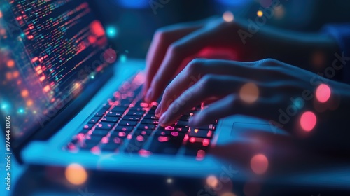 Closeup of hands typing on a keyboard with digital technology, software development concept. Coding programmer, software engineer working on laptop, Generative Ai