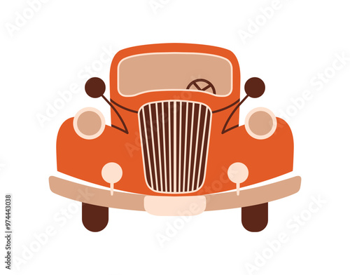 Red vintage car. Vector illustration with retro automobile. Flat Design. Cartoon cute vehicle for christmas card, sticker, banner. Simple clip art.