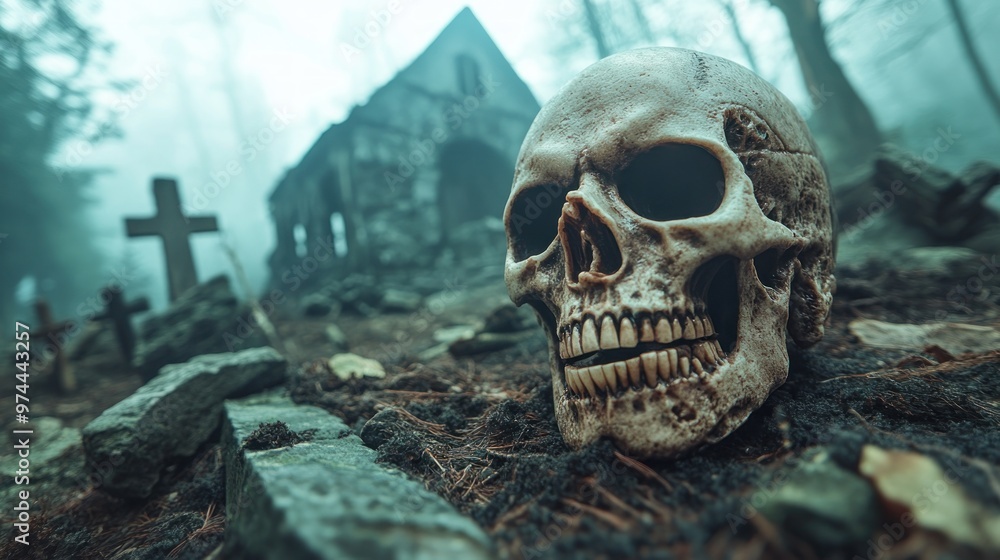 Eerie Skull in Foggy Graveyard with Abandoned Church, Spooky Halloween Scene, Creepy Cemetery, Haunted Atmosphere, Dark Mystery, Gothic Horror, Graveyard Photography, Cemetery Scenery, Halloween Eerie Skull in Foggy Graveyard with Abandoned Church, Spooky Halloween Scene, Creepy Cemetery, Haunted Atmosphere, Dark Mystery, Gothic Horror, Graveyard Photography, Cemetery Scenery, Halloween