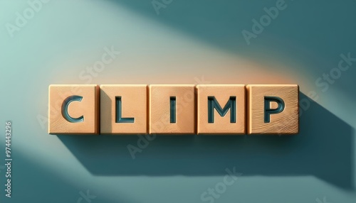 Creative wooden blocks spelling the word 'CLIMP' on a light background with soft shadows, perfect for educational or branding use. photo