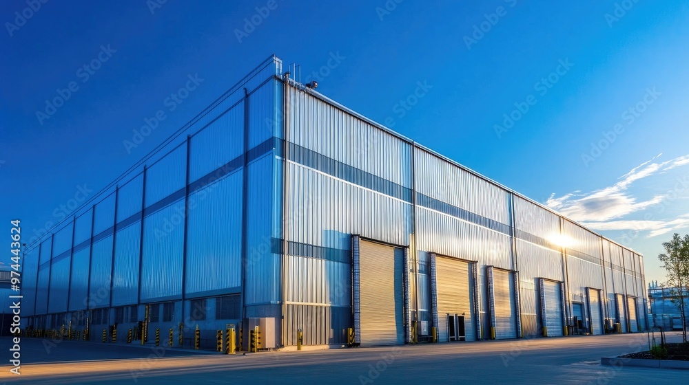 Large warehouse building with shiny modern metal roofing under a clear sky, representing industrial efficiency and durability Large warehouse building with shiny modern metal roofing under a clear sky, representing industrial efficiency and durability