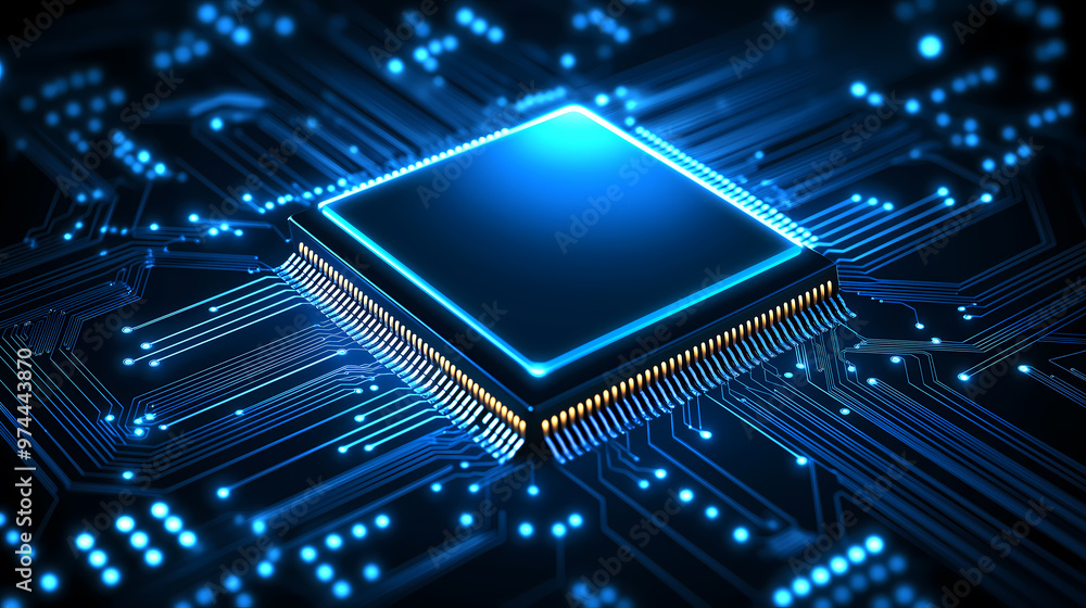 A microchip CPU processor embedded in a blue circuit board, showcasing intricate electronic components A microchip CPU processor embedded in a blue circuit board, showcasing intricate electronic components