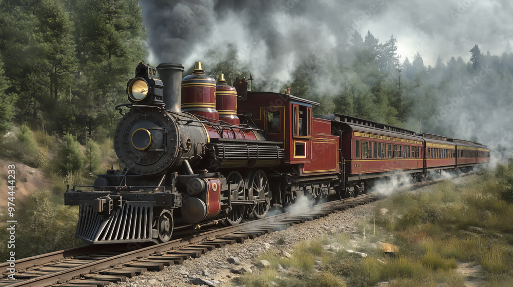 Fototapeta premium A vintage steam train chugs along scenic route, surrounded by lush greenery and billowing smoke. rich colors and intricate details evoke sense of nostalgia and adventure