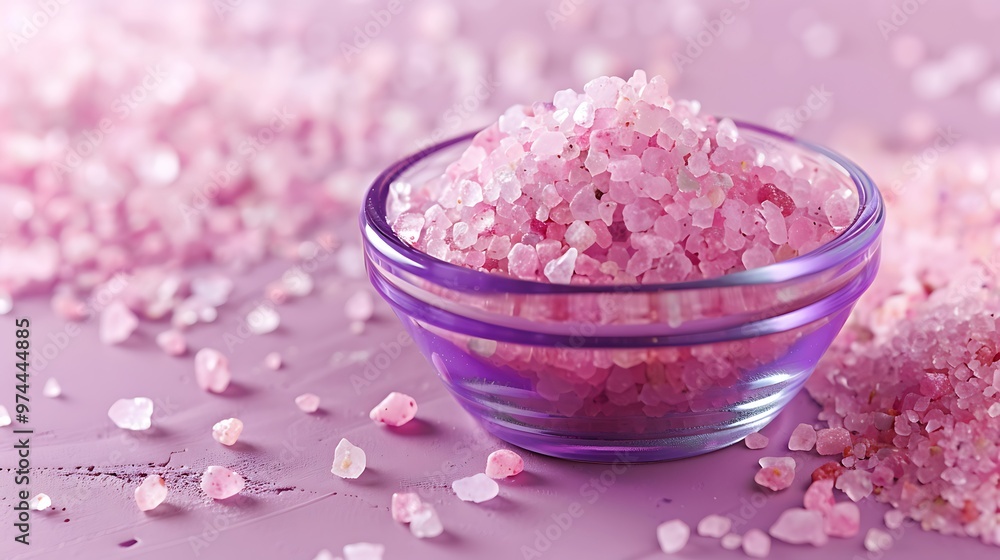 Pink sea salt on purple glass bowl on pink and purple background Pink sea salt on purple glass bowl on pink and purple background