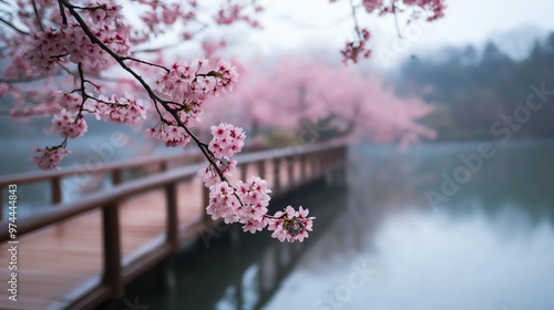 Serene lake view with cherry blossoms and a wooden pier on a misty morning, capturing the tranquility and beauty of nature.
