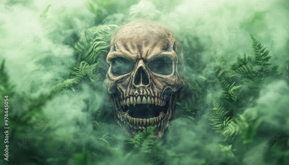 Terrifying Zombie Mask Glowing in Green Mist with Spooky Haunted House Elements, Halloween Decoration Inspiration Terrifying Zombie Mask Glowing in Green Mist with Spooky Haunted House Elements, Halloween Decoration Inspiration