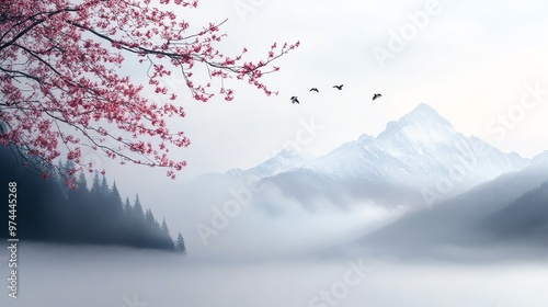 Tranquil mountain landscape with cherry blossoms, birds flying, and a misty atmosphere. Serene nature scene capturing peace and beauty. photo