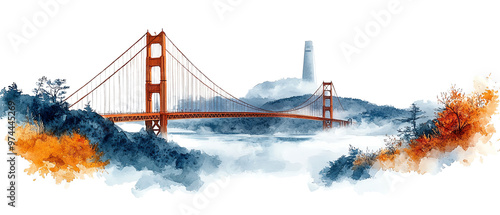 A stunning watercolor illustration of the Golden Gate Bridge enveloped in mist, showcasing the beauty of iconic architecture.