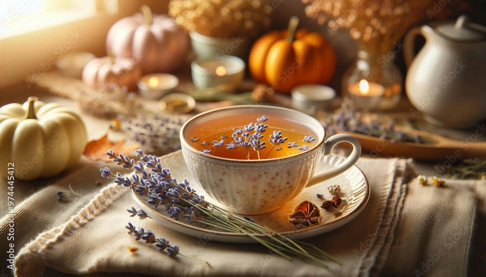 a warm cup of tea adorned with lavender, surrounded by seasonal decorations and soft lighting. a warm cup of tea adorned with lavender, surrounded by seasonal decorations and soft lighting.
