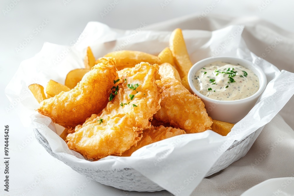 A basket of crispy fried fish with fries and a side of dipping sauce. A basket of crispy fried fish with fries and a side of dipping sauce.