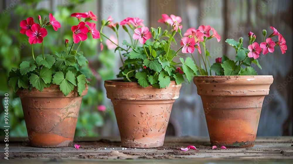 Planting geranium plants into clay flower pots Planting geranium plants into clay flower pots