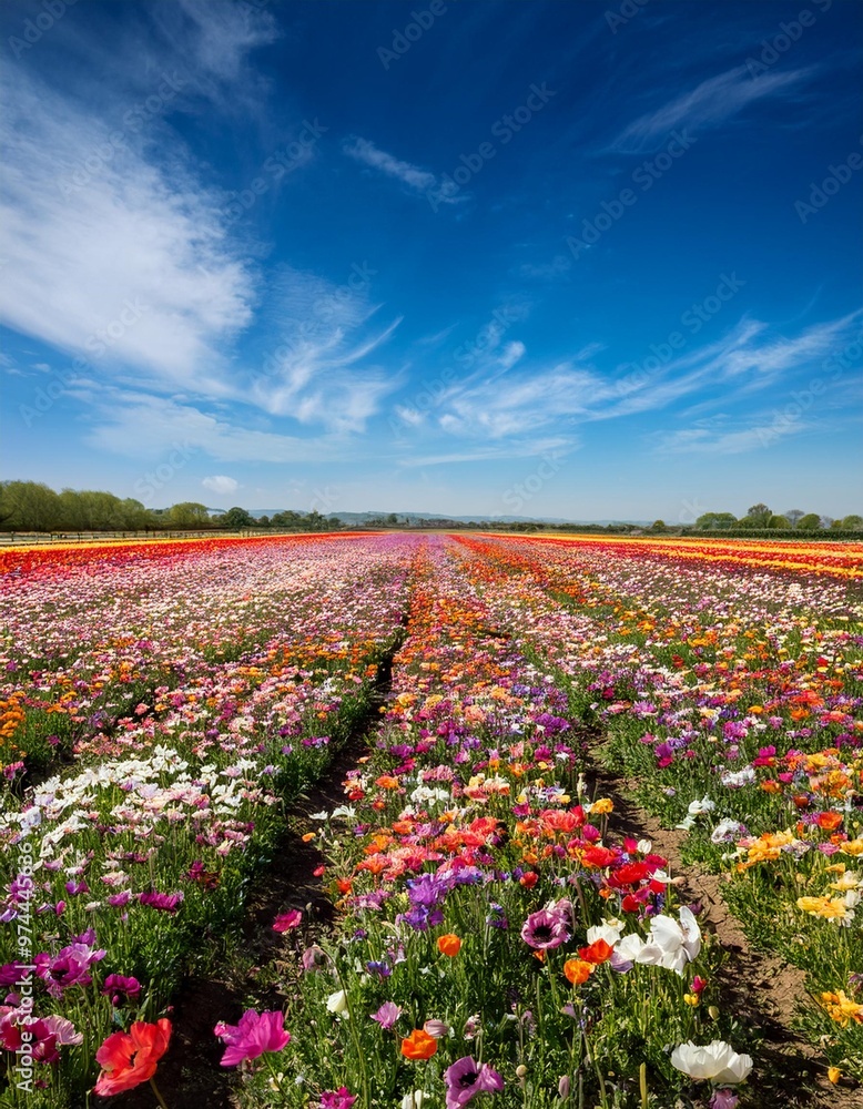 Expansive Flower Fields Under a Bright Spring Sky, Bursting with Color Expansive Flower Fields Under a Bright Spring Sky, Bursting with Color