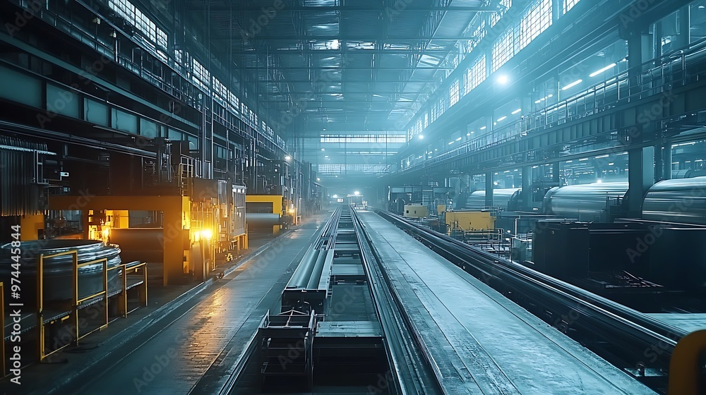 A fully automated steel rolling process in a brightly lit, technologically advanced plant, with minimal human intervention for enhanced safety A fully automated steel rolling process in a brightly lit, technologically advanced plant, with minimal human intervention for enhanced safety