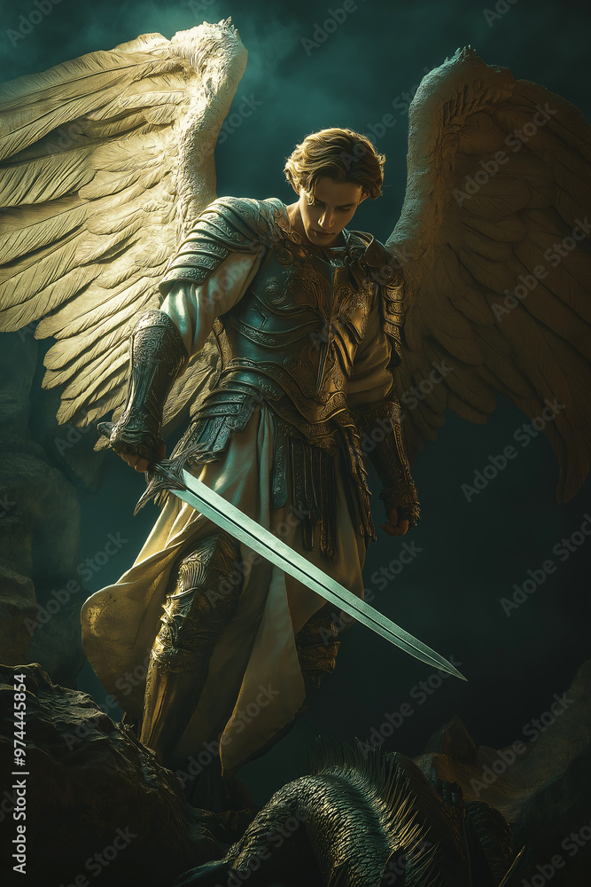 Saint Michael the Archangel, clad in armor, sword in hand, triumphantly ...