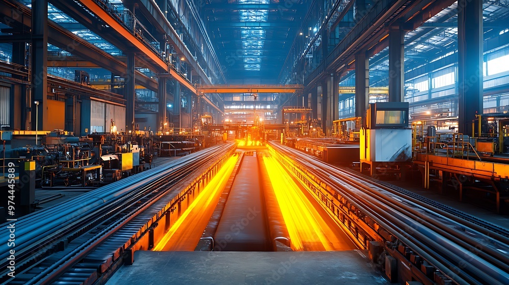 A modern steel manufacturing plant with large furnaces and bright machinery, showing the use of advanced technology under natural daylight A modern steel manufacturing plant with large furnaces and bright machinery, showing the use of advanced technology under natural daylight