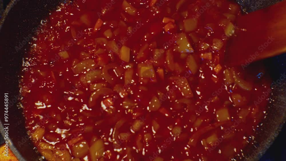 Cooking a vegetarian dish. Sweet green peppers are fried in tomato sauce in a frying pan. Close-up. Top view Cooking a vegetarian dish. Sweet green peppers are fried in tomato sauce in a frying pan. Close-up. Top view