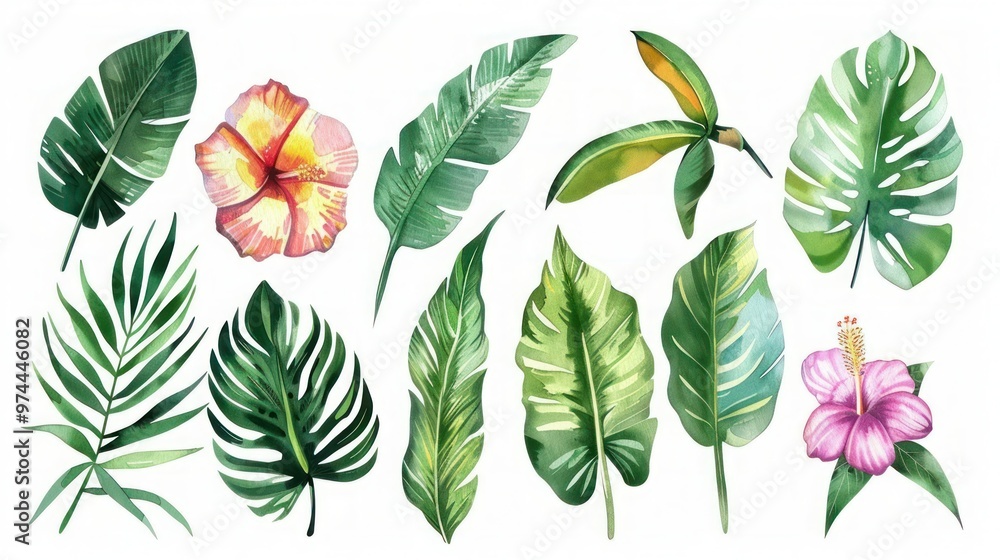Fototapeta premium Handpainted watercolor tropical foliage set with palm monstera hibiscus and banana leaves. Concept Tropical Foliage, Handpainted, Watercolor, Palm Leaves, Monstera, Hibiscus, Banana Leave