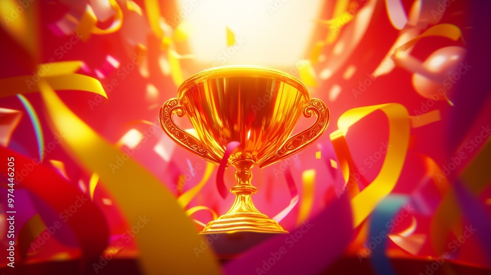 A golden trophy is shining brightly surrounded by ribbons and streamers on the red background. A golden trophy is shining brightly surrounded by ribbons and streamers on the red background.