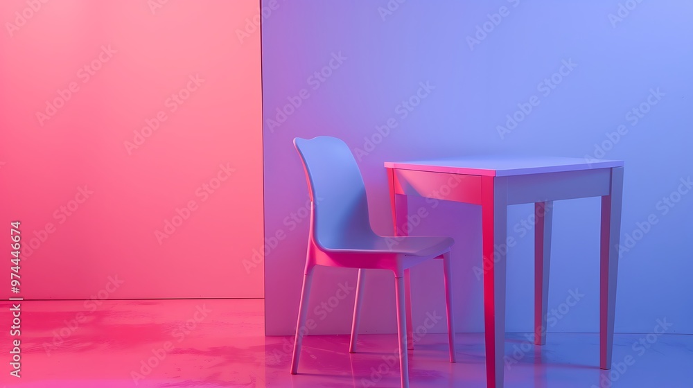 Obraz premium plastic desk and chair on pink and purple background
