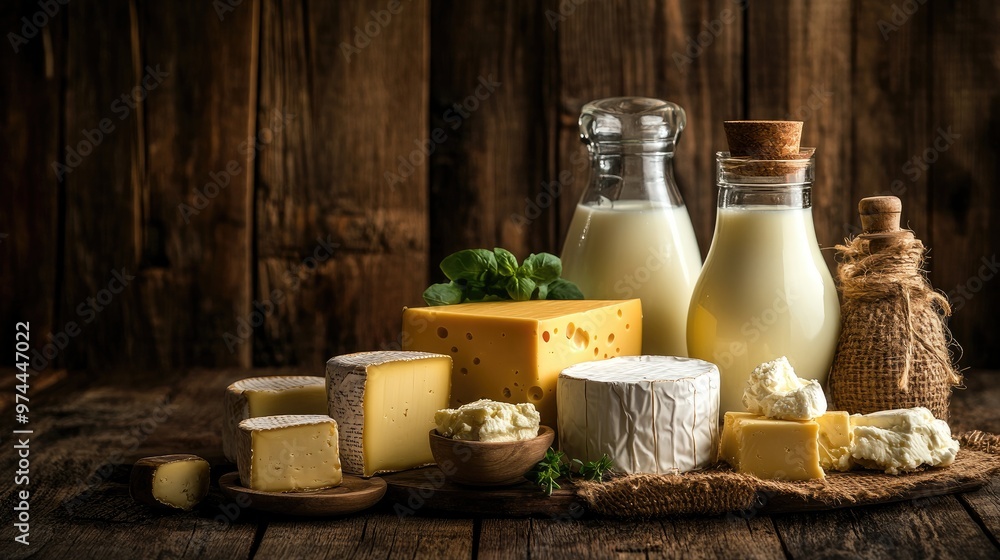 Milk, cheese, and butter arranged on rustic table, surrounded by other dairy products for a healthy food theme Milk, cheese, and butter arranged on rustic table, surrounded by other dairy products for a healthy food theme