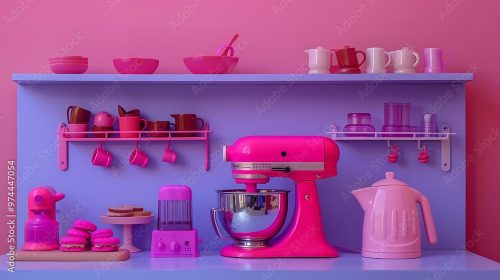 Plastic pink kitchen toy machiness on pink and purple background Plastic pink kitchen toy machiness on pink and purple background
