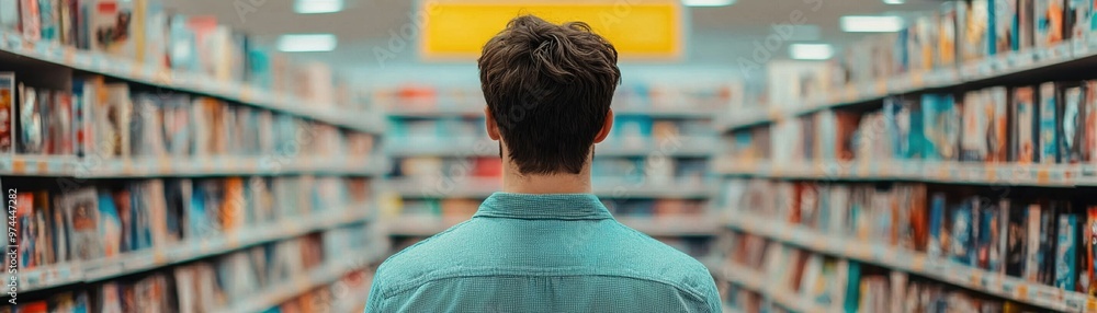 A nostalgic scene of person browsing through aisle, surrounded by colorful book covers and magazines, evoking sense of curiosity and exploration A nostalgic scene of person browsing through aisle, surrounded by colorful book covers and magazines, evoking sense of curiosity and exploration