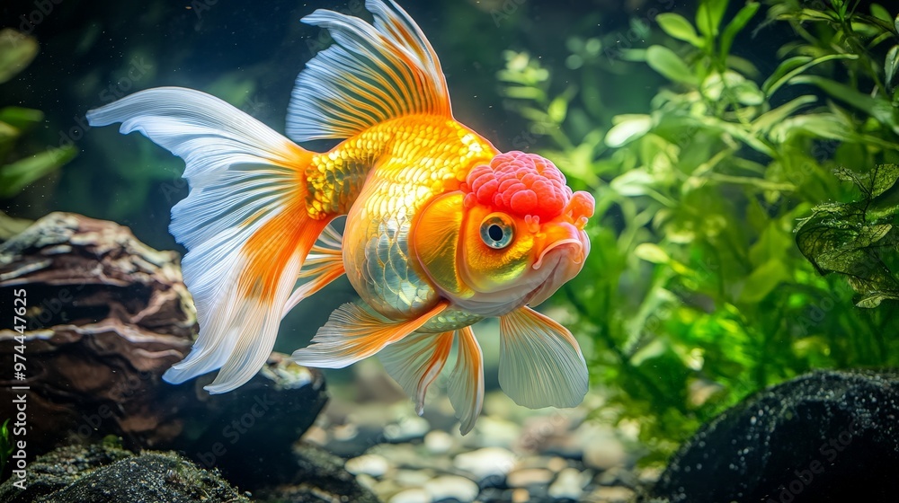 In the aquarium fish tank, the Oranda goldfish's vibrant hues and delicate fins create a captivating scene. The distinctive wen on its head makes it a truly fascinating fish. In the aquarium fish tank, the Oranda goldfish's vibrant hues and delicate fins create a captivating scene. The distinctive wen on its head makes it a truly fascinating fish.