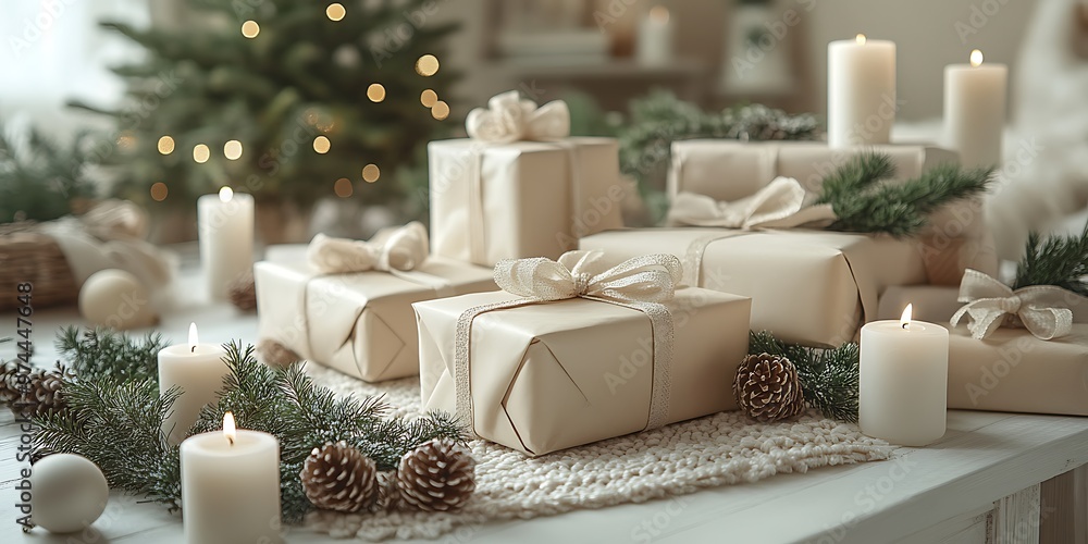 Christmas gifts and candles on a table with a cozy atmosphere. Christmas gifts and candles on a table with a cozy atmosphere.