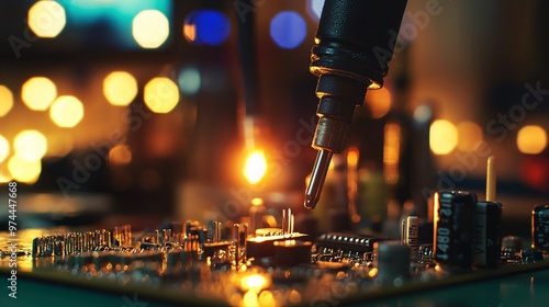 Close-up of professional soldering iron and electronic components on workbench, glowing ready for use, circuit boards in background, technical repair and electronics assembly concept