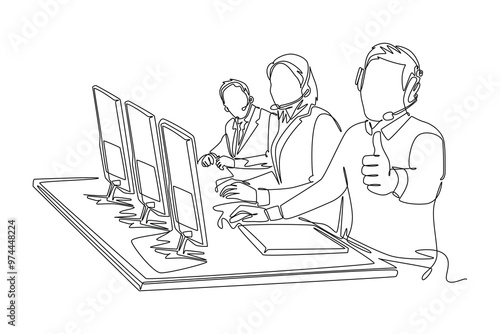 Continuous one line drawing group of male and female telemarketing team members calling customers to offer new property product. Online sales agent. Single line draw design vector graphic illustration