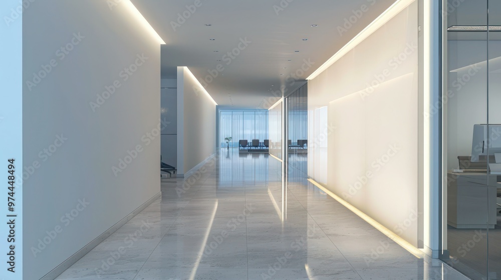 Modern office hallway with blank illuminated wall for 3D mockup rendering. Concept Office Design, Interiors, 3D Mockup, Illuminated Walls, Modern Architecture Modern office hallway with blank illuminated wall for 3D mockup rendering. Concept Office Design, Interiors, 3D Mockup, Illuminated Walls, Modern Architecture
