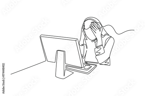 Continuous one line drawing of bored and tired female call center worker answering complain from a lot of customers. Helpdesk center from company. Single line draw design vector graphic illustration