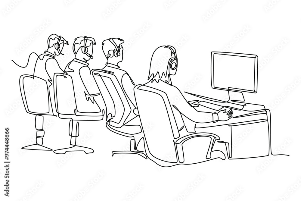 Continuous one line drawing group of male female call center workers sitting in front of computer answer product order. Customer service business. Single line draw design vector graphic illustration Continuous one line drawing group of male female call center workers sitting in front of computer answer product order. Customer service business. Single line draw design vector graphic illustration