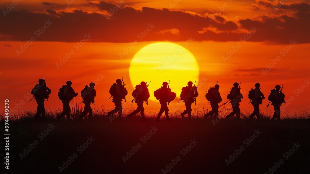 Fototapeta premium Silhouettes of soldiers on a march silhouetted against a stunning sunset. The setting sun provides a dramatic backdrop, emphasizing the soldiers' resilience and unity as they continue their journey.