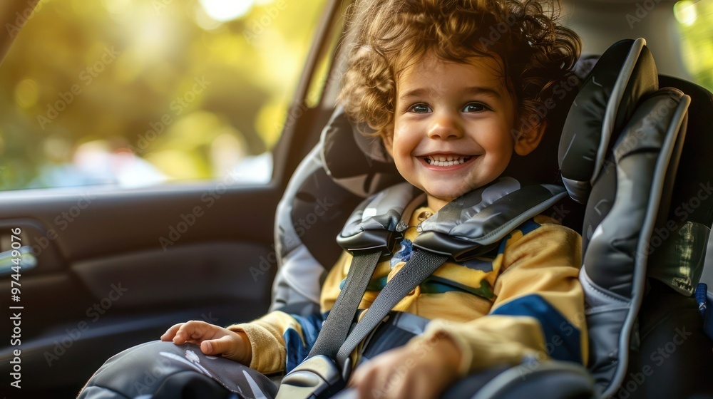 Happy toddler secured in car seat. Concept Child Safety, Car Travel, Seat Belt, Transportation, Toddler Joy Happy toddler secured in car seat. Concept Child Safety, Car Travel, Seat Belt, Transportation, Toddler Joy