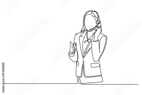 Single continuous line drawing beautiful female customer service worker standing and answering phone call from customer kindly. Helpdesk center care. One line draw graphic design vector illustration