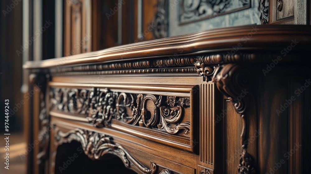 Antique walnut sideboard with ornate carvings, Antique walnut sideboard with ornate carvings,