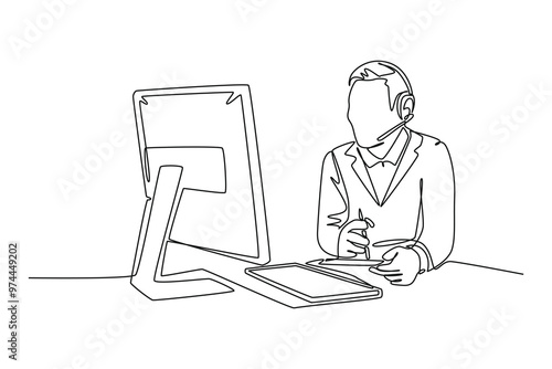 Single one line drawing male call center worker writing some notes in front of monitor while handle customer complaint. Customer service care. Continuous line draw design graphic vector illustration