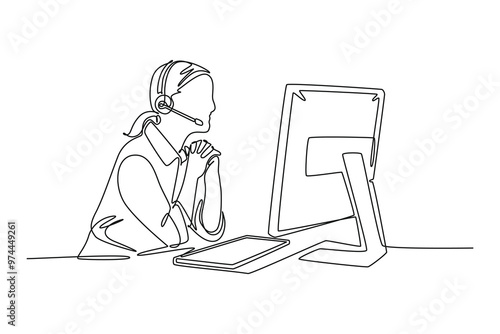 Single one line drawing of female call center worker sitting in front of computer answering phone from buyer. Customer service business concept. Continuous line draw design graphic vector illustration