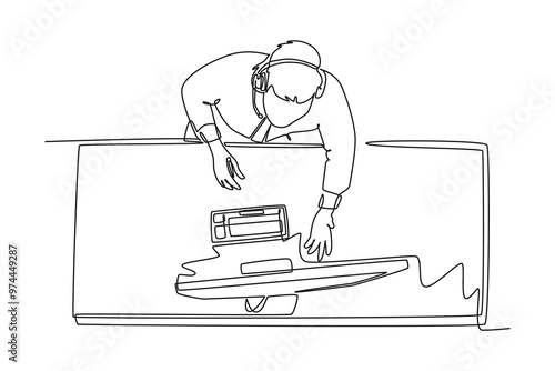 Single one line drawing top view male customer service listening complaint with headset on monitor from client. Call center service excellent. Continuous line draw design graphic vector illustration