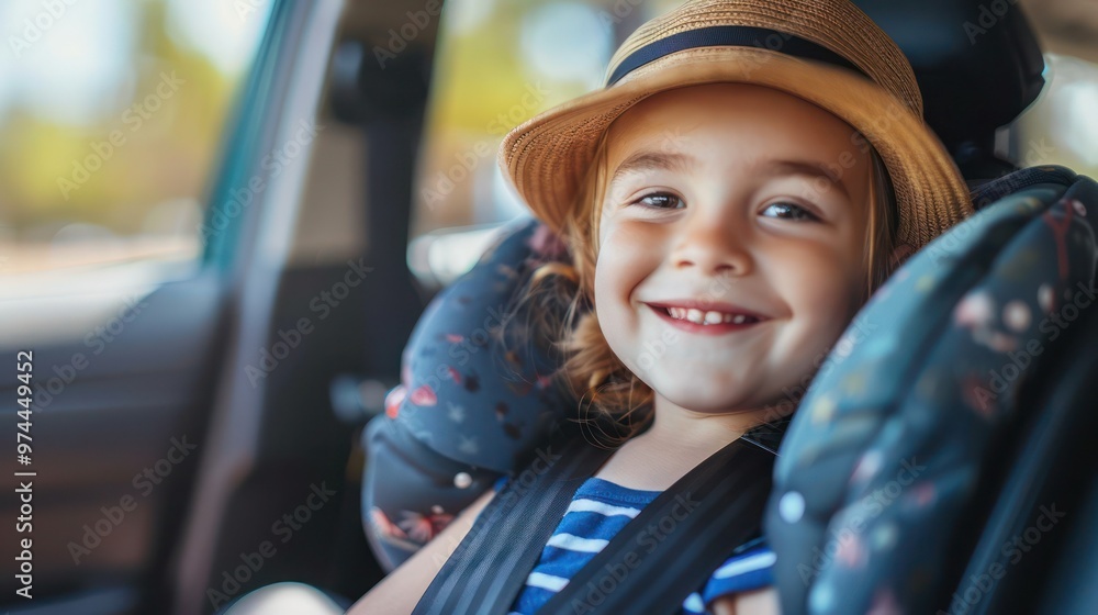 Happy child securely buckled in car seat ready for road trip. Concept Safe Travel, Child Safety, Road Trip Essentials, Car Seat Awareness. Happy child securely buckled in car seat ready for road trip. Concept Safe Travel, Child Safety, Road Trip Essentials, Car Seat Awareness.