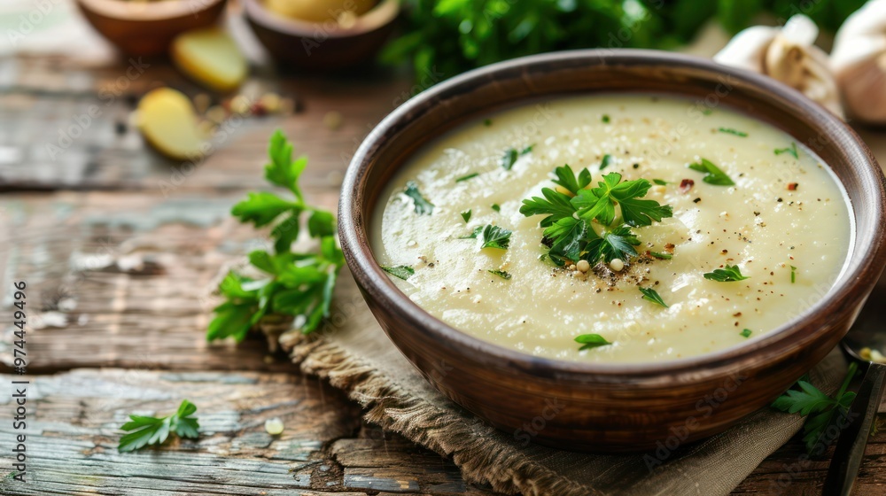 Hearty and Delicious Herbed Potato Soup with Parsley on Wooden Table. Concept Food Photography, Potato Recipes, Cooking Inspiration, Homecooked Meals, Culinary Creations Hearty and Delicious Herbed Potato Soup with Parsley on Wooden Table. Concept Food Photography, Potato Recipes, Cooking Inspiration, Homecooked Meals, Culinary Creations