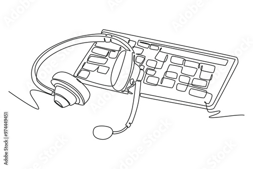 Single one line drawing of headphone with microphone and keyboard on working desk as customer service care equipment tools. Call center concept. Continuous line draw design graphic vector illustration