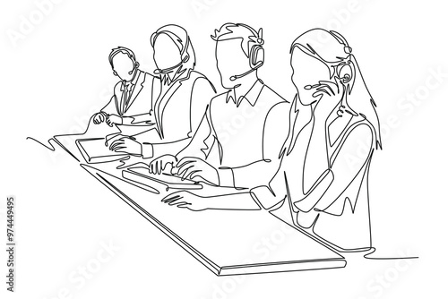Single one line drawing group of male and female telemarketing team member calling new customer offer new house cleaning product. Sales agent. Continuous line draw design graphic vector illustration