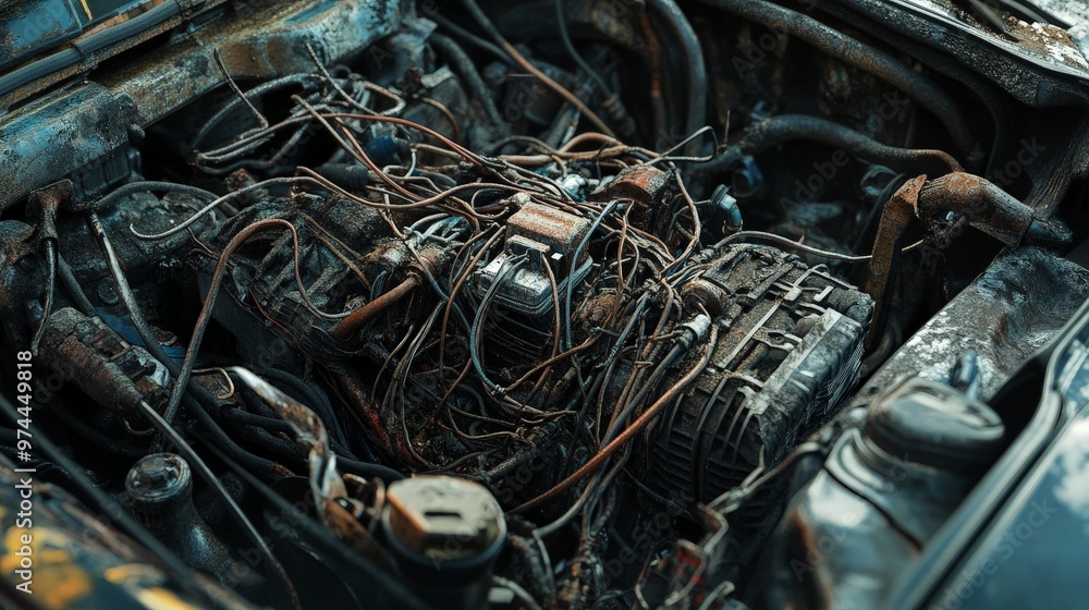 The interior of a car engine is shown with rat-damaged wiring. The interior of a car engine is shown with rat-damaged wiring.