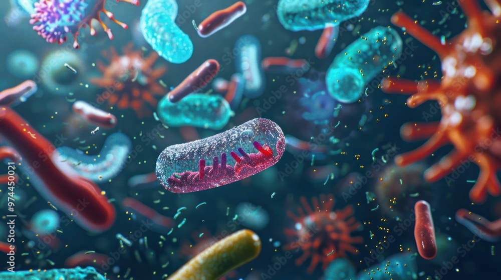 Various bacteria and viruses against a science background in 3D. Concept Science Illustration, Bacteria, Viruses, 3D Art, Microbiology Various bacteria and viruses against a science background in 3D. Concept Science Illustration, Bacteria, Viruses, 3D Art, Microbiology